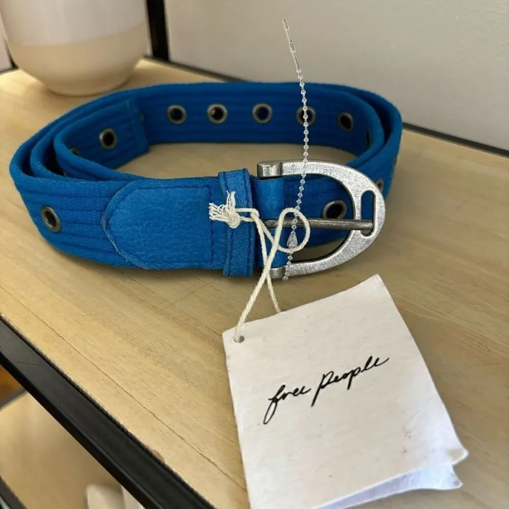 Free people Avril grommet leather woven belt cobalt blue S/M new